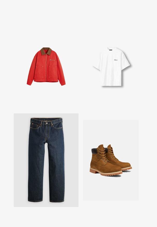 Chaqueta roja con un cuello de ante marrón, que presenta un cierre frontal, dos bolsillos grandes y un bolsillo en el pecho. Tejido suave y corte relajado.; Camiseta blanca de manga corta con cuello redondo y pequeño logo negro "Burocs" en el pecho izquierdo, presentada sobre un fondo blanco.; Vaqueros de mezclilla azul oscuro con corte recto. Presentan cinco bolsillos, costuras en contraste y cierre de botón en la cintura.; Botines de ante marrón con un cuello acolchado negro, ojales dorados y suela de goma gruesa con un patrón de tacos para mayor tracción.