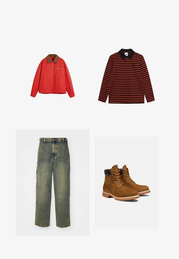 Chaqueta roja con un cuello de ante marrón, que presenta un cierre frontal, dos bolsillos grandes y un bolsillo en el pecho. Tejido suave y corte relajado.; Camisa polo de manga larga con base negra y rayas horizontales rojas. Cuenta con un cuello negro y un pequeño logotipo bordado en el pecho.; Jeans de denim holgados en un lavado azul y verde descolorido. Presenta un cierre de botón, pasadores para el cinturón y bolsillos laterales. Diseño de frente plano y pierna recta.; Botines de ante marrón con un cuello acolchado negro, ojales dorados y suela de goma gruesa con un patrón de tacos para mayor tracción.