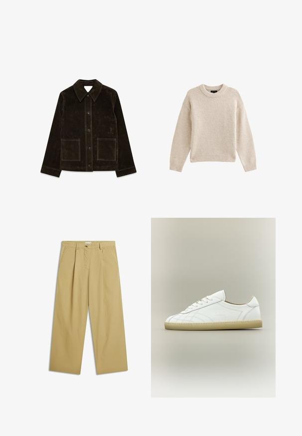 Brun ruskindsjakke med stor krave, frontlukning med knapper og to påsyede lommer. Har en tekstureret overflade og en skræddersyet pasform.; Beige strikket sweater med rund hals, lange ærmer og ribbet kant. Tekstureret stof med en blød udseende. Enkel og alsidig design.; Beige bukser med vide ben, forplisseringer foran, sidelommer, bæltestropper og knaplukning ved taljen.; Hvid lavtop lædersneaker med beige sål, snøredesign og subtile syede mønstre på neutral baggrund.