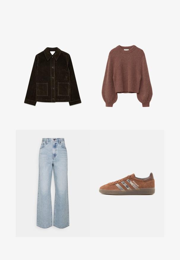Brun ruskindsjakke med stor krave, frontlukning med knapper og to påsyede lommer. Har en tekstureret overflade og en skræddersyet pasform.; Brun, fuzzy strikket cropped sweater med ballonærmer og ribbet kanter ved ærmer og hals på en hvid baggrund.; Lysblå denim brede ben jeans med høj talje, klassisk fem-lomme design og kontrasterende syninger. Uslebne kanter i bunden.; Brun ruskind Adidas Spezial sneakers med snørlukning foran, tekstureret sål og tre striber i camouflage-mønster på siden.