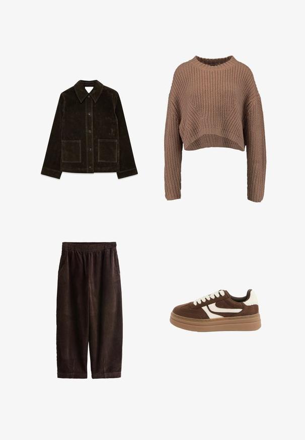Brun ruskindsjakke med stor krave, frontlukning med knapper og to påsyede lommer. Har en tekstureret overflade og en skræddersyet pasform.; Brun strikket cropped sweater med ribbet struktur, brede ærmer og rund hals. Blødt, chunky materiale med en afslappet pasform.; Løse mørkebrune fløjlsbukser med elastisk talje og sidelommer, kort længde.; Brun ruskindsneakers med hvid sidestribe, hvide snørebånd, hvid hælplamage og tyk lys brun sål.