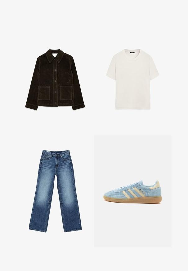 Brun ruskindsjakke med stor krave, frontlukning med knapper og to påsyede lommer. Har en tekstureret overflade og en skræddersyet pasform.; Enkelt hvidt kortærmet T-shirt med rund hals og en sort label inde i halsudskæringen, vist på en hvid baggrund.; Blå vidtsiddende jeans i denim med forlommer og møntlomme foran, knaplukning og falmet vask på lår og knæ.; Lyseblå ruskind Adidas sneaker med beige striber og hælkappe, gummisål og "SPEZIAL" branding på siden.