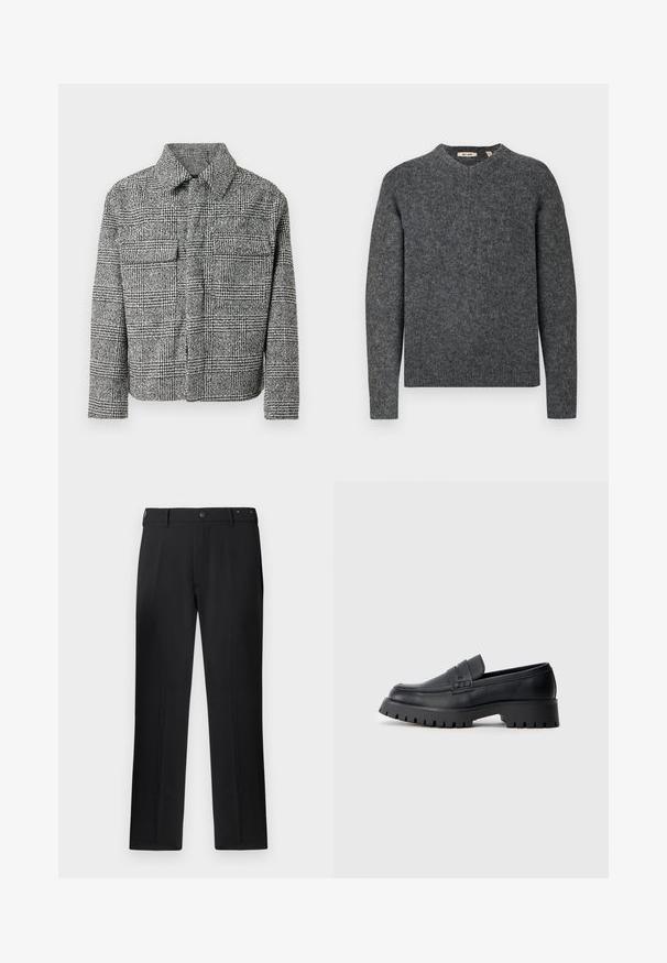 Veste à carreaux noir et blanc avec un col, deux poches poitrine, des manches longues et un tissu texturé.; Pull en laine gris avec un col rond et des manches longues. Tissu en maille texturée et bords côtelés aux poignets et à l'ourlet. Design simple et classique.; Pantalons noirs avec une coupe droite, fermeture à bouton et passants de ceinture, avec une texture lisse et sans motifs ni accents visibles.; Mocassins en cuir noir avec un bout arrondi, présentant une sangle décorative et une semelle en caoutchouc épaisse avec de profonds crampons pour une meilleure adhérence.