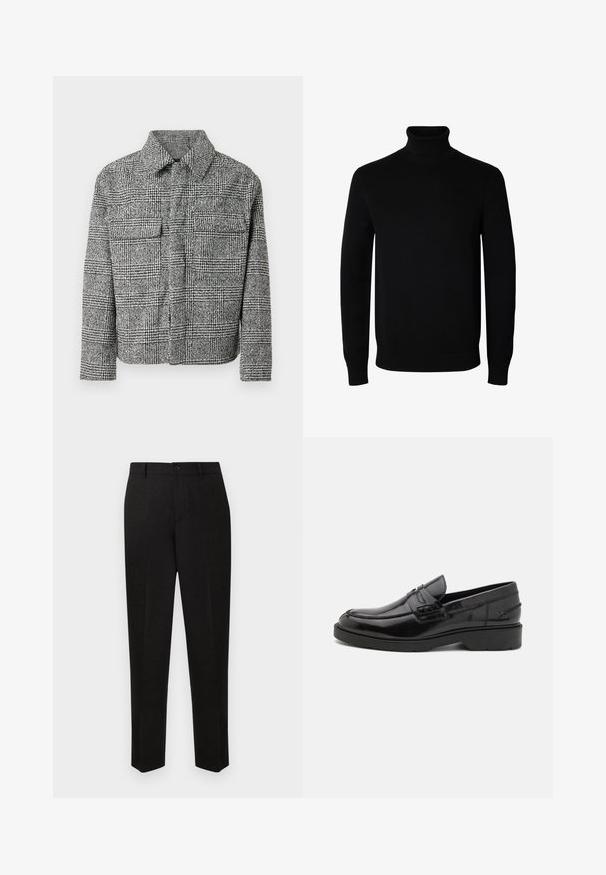 Veste à carreaux noir et blanc avec un col, deux poches poitrine, des manches longues et un tissu texturé.; Pull noir à col roulé manches longues avec poignets et bas côtelés, présenté sur un fond blanc uni.; Pantalon noir sur mesure à coupe droite, doté d'une fermeture à bouton et d'une texture subtile. Pas de motifs ni d'accents visibles.; Mocassins en cuir noir avec une finition lisse, un bout rond, un petit talon et descoutures décoratives à l'avant. Semelle en caoutchouc pour l'adhérence.