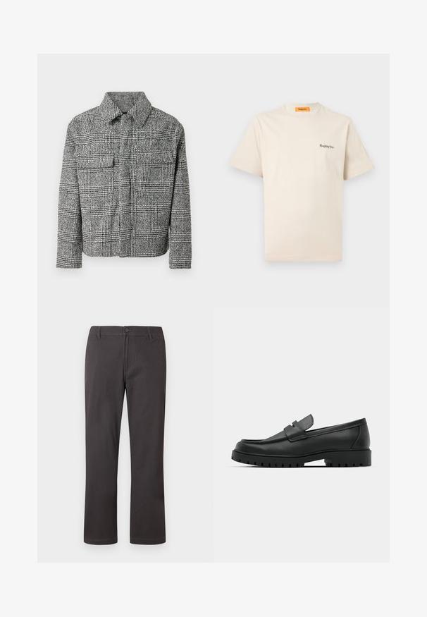 Veste à carreaux noir et blanc avec un col, deux poches poitrine, des manches longues et un tissu texturé.; Replay Inc. ESSENTIAL LOGO UNISEX - T-shirt basique - ivory; Pantalon gris foncé à jambes droites avec fermeture à boutons, passants pour ceinture et coutures frontales discrètes sur fond blanc.; Mocassins en cuir noir à bout arrondi, avec un design cousu, une semelle plateforme basse et une semelle en caoutchouc texturée et crantée.