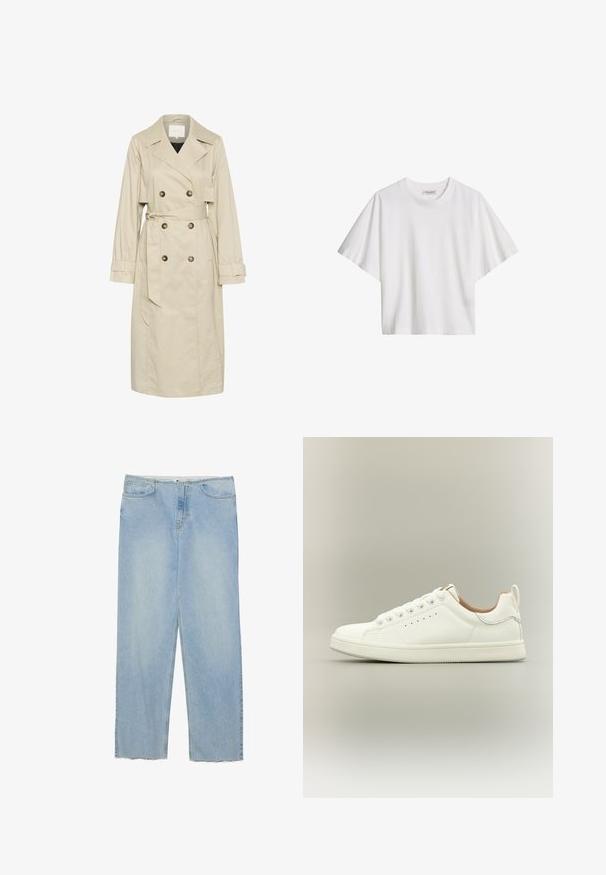 Manteau beige en tissu léger, avec un design croisé, de grands boutons et une ceinture à nouer à la taille. Manches longues et col classique.; T-shirt blanc en coton, manches courtes, coupe ample, col rond et étiquette de marque à l'intérieur du col.; Jean en denim bleu clair avec une coupe droite, doté d'une taille haute, de cinq poches et de détails d'ourlet effiloché.; Baskets blanches basses avec lacets, détails perforés sur les côtés et languette au talon, sur fond neutre.