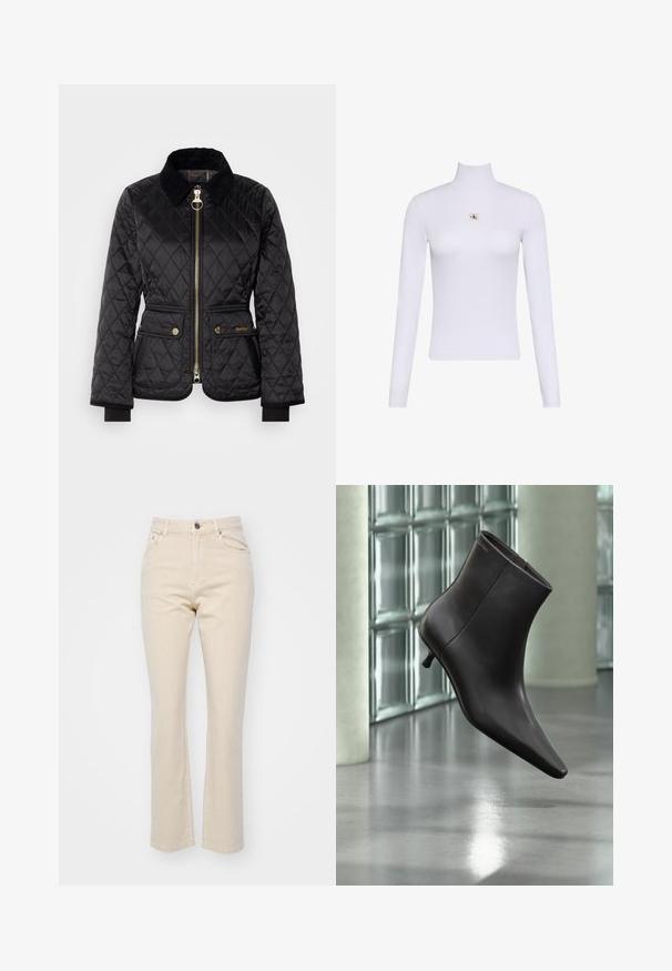 Schwarze gesteppte Jacke mit einem Reißverschluss, Cordkragen und goldfarbener Hardware. Verfügt über zwei Fronttaschen mit Druckknopfverschlüssen.; Weißes Langarm-Turtleneck-Top mit einem kleinen Calvin Klein Logo-Patch zentral auf der Brust.; Beige gerade geschnittene Jeans aus Denim mit einem vorderen Knopfverschluss, zwei vorderen Taschen und einer glatten Textur.; Schwarzer Leder-Knöchelstiefel mit spitzer Spitze und kleinem Absatz vor einer Wand aus Glasbausteinen und einem polierten Boden.