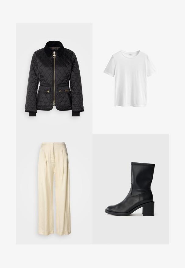 Schwarze gesteppte Jacke mit einem Reißverschluss, Cordkragen und goldfarbener Hardware. Verfügt über zwei Fronttaschen mit Druckknopfverschlüssen.; Einfarbiges weißes kurzärmliges Baumwoll-T-Shirt mit Rundhalsausschnitt und GANT-Markenetikett innen am Kragen, dargestellt auf weißem Hintergrund.; Hohe Taille, cremefarbene Seidenhose mit Falten, weitem Bein und einem versteckten Reißverschluss vorne vor schlichtem weißem Hintergrund.; Schwarze Leder-Ankle Boots mit runder Zehenform, glatter Oberfläche und dicker Absatz, ausgestattet mit einem eng anliegenden Schaft und subtilen Nähten.