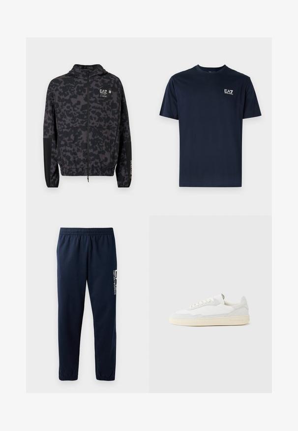 Schwarze Kapuzenjacke mit einem grauen abstrakten Muster. Verfügt über einen Reißverschluss, elastische Bündchen und ein Markenlogo auf der Brust.; Navyblaue Baumwoll-T-Shirt mit kurzen Ärmeln, Rundhalsausschnitt und EA7-Logo auf der oberen linken Seite in Weiß. Glatte Textur, lässiges Design.; Marineblaues Sweatpants mit elastischem Bund, zulaufenden Beinen und einem weißen Logo an der Seite. Glattes Gewebe mit leichter Textur.; Weißer Sneaker mit strukturiertem Obermaterial aus Wildleder und Leder. Verfügt über eine runde Zehenpartie, Schnürverschluss und eine kontrastierende beige Gummisohle.