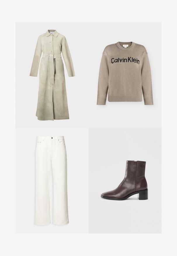 Trench-coat en daim beige clair, avec col cranté, manches longues, boutons à l'avant et ceinture nouée à la taille. Lignes épurées et design minimaliste.; Pull en tricot beige à manches longues avec poignets et ourlet côtelés, portant le logo "Calvin Klein" noir sur la poitrine.; Jean blanc à jambes larges avec boutons à l'avant, passants de ceinture et design à cinq poches.; Bottine en cuir marron foncé avec un orteil carré, un talon bloc et un logo embossé subtil près du haut sur fond blanc uni.