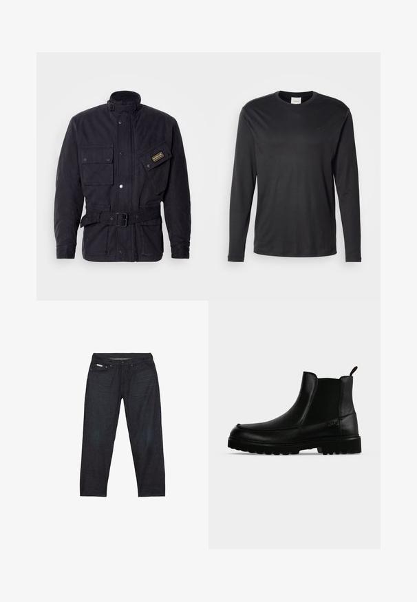 Zwarte gewaxte stoffen jas met een hoge kraag, meerdere zakken en een gespdetail op de riem. Voorzien van een logo-opdruk op de borst.; Zwarte longsleeve crewneck shirt van Calvin Klein met klein CK-logo op de linkerborst, weergegeven op een witte achtergrond.; Donkerblauwe spijkerbroek met rechte pijpen, voorzien van vijf zakken en minimale stikseldetails voor een strakke uitstraling.; Zwarte leren enkellaars met een gestructureerde zool, elastische zijpanelen en een trekriempje op een lichtgrijze achtergrond.