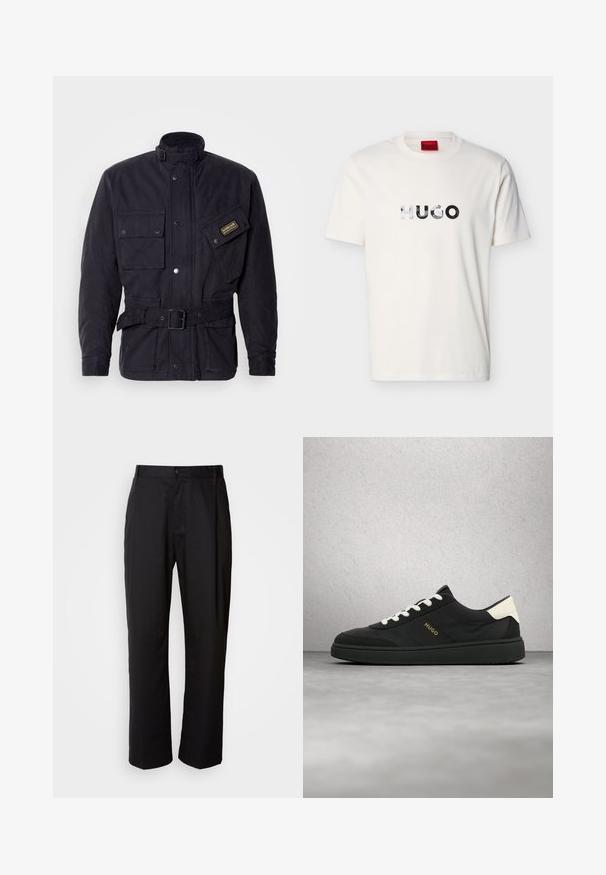 Zwarte gewaxte stoffen jas met een hoge kraag, meerdere zakken en een gespdetail op de riem. Voorzien van een logo-opdruk op de borst.; Wit T-shirt met korte mouwen en ronde hals, voorzien van een reflecterend "HUGO"-logo in het midden van de borst.; Zwarte broek met een rechte snit, gemaakt van lichtgewicht stof. Heeft een frontale knoopsluiting en twee zijzakken; gladde textuur.; Zwarte sneaker met witte veters en hielstuk, "HUGO"-logo aan de zijkant, zwevend in de lucht tegen een grijze vloer en een achtergrond van glazen blokken.