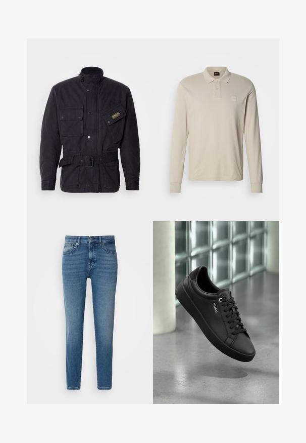 Zwarte gewaxte stoffen jas met een hoge kraag, meerdere zakken en een gespdetail op de riem. Voorzien van een logo-opdruk op de borst.; Beige poloshirt met lange mouwen, gemaakt van zacht materiaal, voorzien van een klassieke kraag, drie knopen en een klein logoplaatje op de borst.; Lichtblauwe denim jeans met een rechte pasvorm, traditionele vijf-pocket stijl, metalen knoopsluiting en subtiele vervaging aan de voorkant.; Zwarte lederen sportschoen met zwarte veters en merknaam "HUGO" aan de zijkant, getoond tegen een moderne achtergrond van glasblokken en beton.