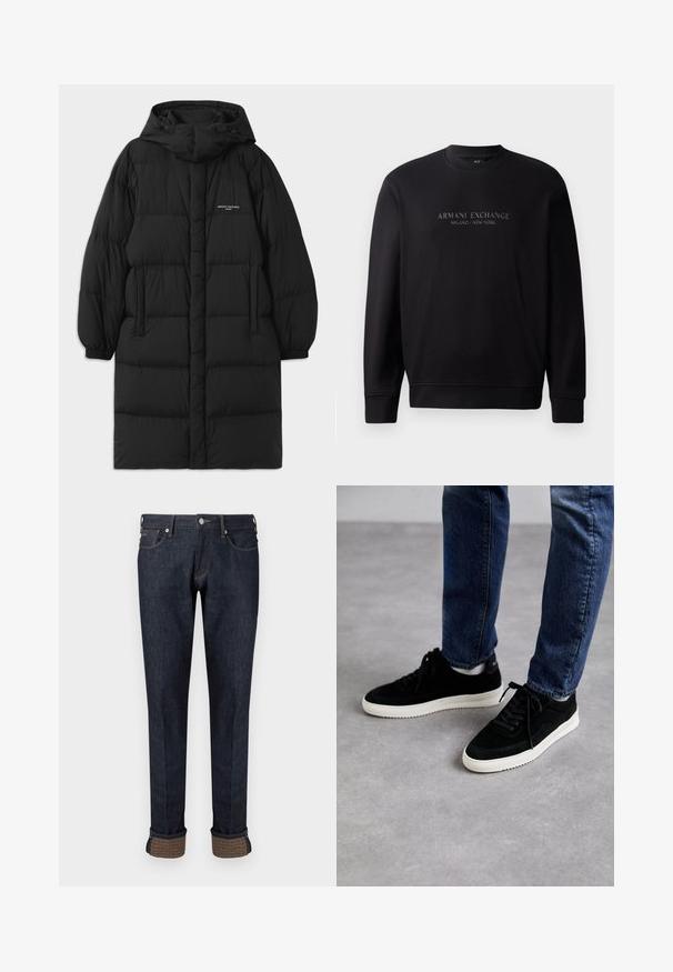Zwarte pufferjas met capuchon, voorzien van een gewatteerd ontwerp en elastische manchetten. De voorkant heeft zijzakken en een klein logo-detail.; Zwarte crewneck sweatshirt met "ARMANI EXCHANGE MILANO / NEW YORK" in reliëftekst op de voorkant. De stof is glad met ribgebreide manchetten.; Donkerblauwe denim jeans met een rechte pijp, voorzien van een omslag aan de zoom en een merkaccent van tan stof op de omslagen.; Zwarte suede sneakers met een witte rubberen zool, met een klassiek low-top ontwerp, een ronde neus en flat zwarte veters.