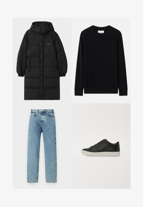 Sort puffjakke med hætte, der har et quiltet design og elastiske manchetter. Forsiden inkluderer sidelommer og en lille logo detalje.; Sort ribbet sweater med rund halsudskæring, lange ærmer og strikket tekstur. Har en lige kant og en subtil brandinglabel indeni.; Lyseblå denimjeans med lige ben, fem lommer og lukning med messingknap. Stoffet har et let tekstureret, falmet udseende.; Sorte lædersneakers med rund tå, flad hvid gummisål og seks huller til snørebånd. Glat overflade, minimalistisk stil.