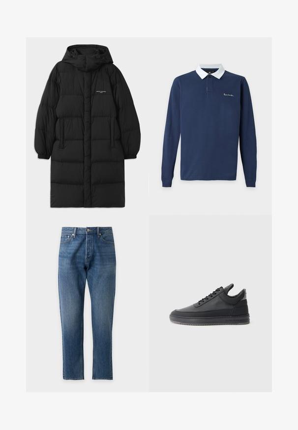 Abrigo de plumas negro con capucha, que presenta un diseño acolchado y puños elásticos. En la parte delantera incluye bolsillos laterales y un pequeño detalle de logotipo.; Polo azul marino de manga larga con cuello blanco y pequeño logo "Paul Smith" bordado en el pecho izquierdo.; Vaqueros de mezclilla azul con cintura alta, piernas rectas, cierre frontal con botones y diseño de cinco bolsillos sobre un fondo claro y liso.; Zapatillas de cuero negro con una superficie texturizada, diseño de cordones, parte superior baja y una suela de goma gris con un borde estriado.