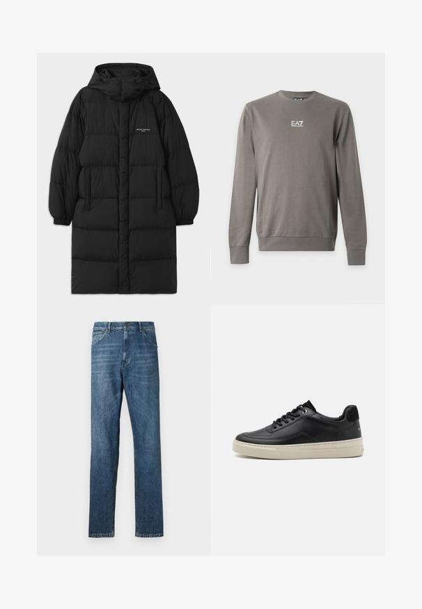 Sort puffjakke med hætte, der har et quiltet design og elastiske manchetter. Forsiden inkluderer sidelommer og en lille logo detalje.; Langærmet grå crewneck-sweatshirt med EA7 Emporio Armani-logo i hvid på brystet, ribstrikkede manchetter og kant.; Mørkeblå denim jeans med lige ben, fem-lomme design, synlig syning og en klassisk knaplukning. Let vaskeeffekt på stoffet.; Sort lædersneaker med lav profil, der har en cremefarvet gummisål, rund tå og snøre-design, akkompagneret af en hæl i sort ruskind.