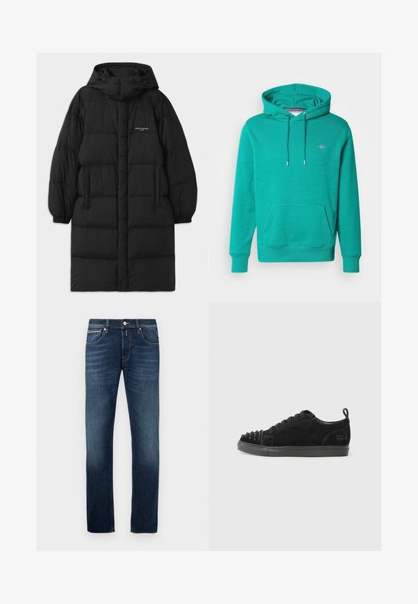 Sort puffjakke med hætte, der har et quiltet design og elastiske manchetter. Forsiden inkluderer sidelommer og en lille logo detalje.; Tealfarvet pullover-hoodie med frontlomme, snøre i hætten, ribkant ved ærmerne og lille broderet logo på venstre bryst.; Mørkeblå straight-leg jeans med let falming på lårerne, fem lommer og en metalknaplukning i taljen.; Sorte ruskinds sneakers med en rund tå, der har et spidst design på fronten, sorte snørebånd og en tekstureret sort gummisål.