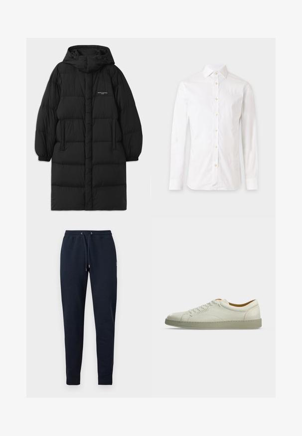 Abrigo de plumas negro con capucha, que presenta un diseño acolchado y puños elásticos. En la parte delantera incluye bolsillos laterales y un pequeño detalle de logotipo.; Camisa blanca de vestir de manga larga con botones y cuello, mostrada sobre un fondo claro y sencillo.; Pantalones deportivos azul marino entallados con cintura elástica y cordón ajustable, puños acanalados y bolsillos laterales.; Zapatilla blanca de piel de caña baja con suela beige, cordones laterales y detalles de costuras mínimas, mostrada sobre un fondo liso gris claro.