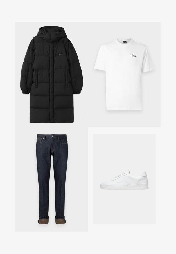 Sort puffjakke med hætte, der har et quiltet design og elastiske manchetter. Forsiden inkluderer sidelommer og en lille logo detalje.; Hvid bomulds t-shirt med rund halsudskæring, korte ærmer og et sort EA7-logo på venstre bryst. Glat, ensartet tekstur.; Mørkeblå denimjeans med et lige ben design, der har en opsmøget kant og en mærket tan stofaccent på manchetterne.; Hvid lavt sneaker med snørelukning, glat læderoverdel og tyk sål, vist fra siden på en ensfarvet baggrund.