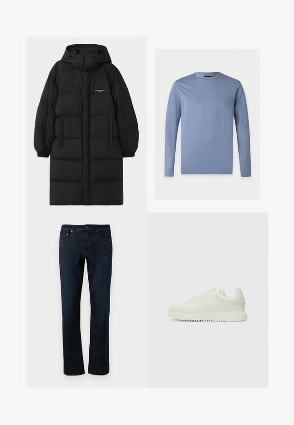 Sort puffjakke med hætte, der har et quiltet design og elastiske manchetter. Forsiden inkluderer sidelommer og en lille logo detalje.; Langærmet lyseblå T-shirt med rund hals og præget Emporio Armani-logo centreret på brystet mod en hvid baggrund.; Mørkeblå denimjeans med lige ben, der har et klassisk fem-lomme design og subtile syninger.; Hvide lædersneakers med struktureret overdel, rund tå, flad hvid sål og tonede snørebånd. Subtil branding på tungen.
