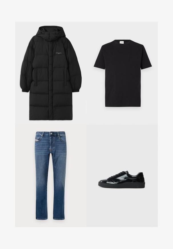 Schwarze Daunenjacke mit Kapuze, ausgestattet mit einem gesteppte Design und elastischen Bündchen. Die Vorderseite enthält Seitentaschen und ein kleines Logodetail.; Schwarzes Baumwoll-T-Shirt mit Rundhalsausschnitt und kurzen Ärmeln. Hat einen geraden Schnitt und ein minimalistisches Design, mit einem sichtbaren Etikett am Kragen.; Dunkelblaue Jeans aus Denim mit geradem Schnitt, fünf Taschen und Knopfverschluss. Mit hellen Verwaschungen und Ziernähten versehen.; Schwarze Lackledersneaker mit runder Zehenform, Schnürdesign, strukturiertem Gummisohle und glatter Oberfläche.