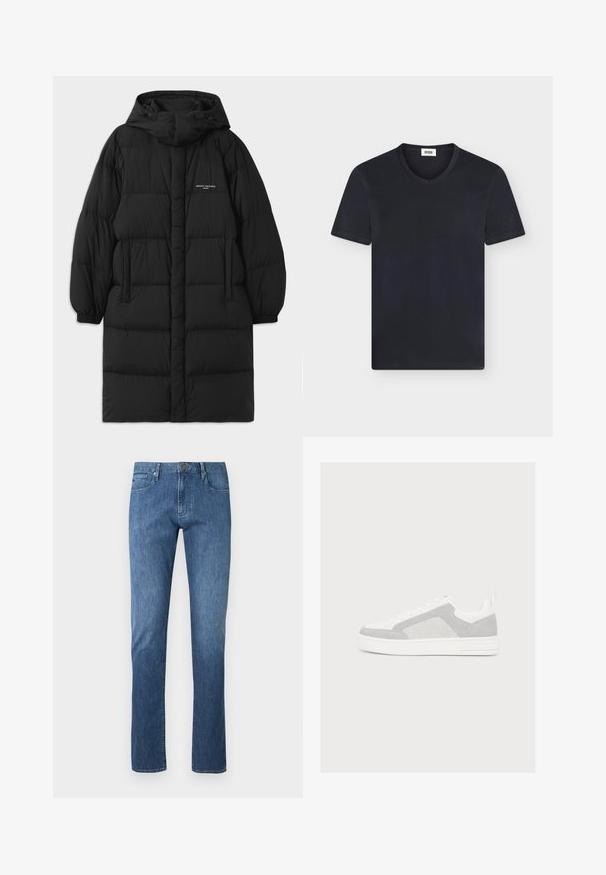 Schwarze Daunenjacke mit Kapuze, ausgestattet mit einem gesteppte Design und elastischen Bündchen. Die Vorderseite enthält Seitentaschen und ein kleines Logodetail.; Schwarzes Kurzarm-V-Ausschnitt-T-Shirt mit weißem Etikett innen im Kragen auf hellem Hintergrund.; Blaues Denim-Jeans, Straight-Leg-Design, Fünf-Taschen-Stil, leichte Ausbleichungen auf der Vorderseite, Metallknopfverschluss, gestickte Akzente und klassisches Finish.; Low-top weißer Sneaker mit hellgrauen Wildlederpaneelen, weißen Schnürsenkeln und einer dicken weißen Sohle auf einfachem hellem Hintergrund.