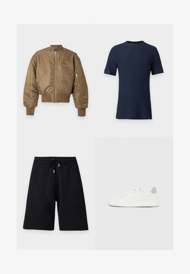 Blouson aviateur marron avec fermeture éclair frontale, poignets et ourlet côtelés, et poche zippée sur la manche gauche sur un fond uni.; T-shirt en maille texturée bleu marine pour homme, à manches courtes et col rond, présenté sur un fond uni.; Shorts noirs mi-genoux avec taille élastique et cordon de serrage, dotés de poches latérales et d'une coupe décontractée.; Baskets basses blanches avec un onglet de talon gris, des lacets blancs et une semelle texturée, présentées sur un fond uni clair.