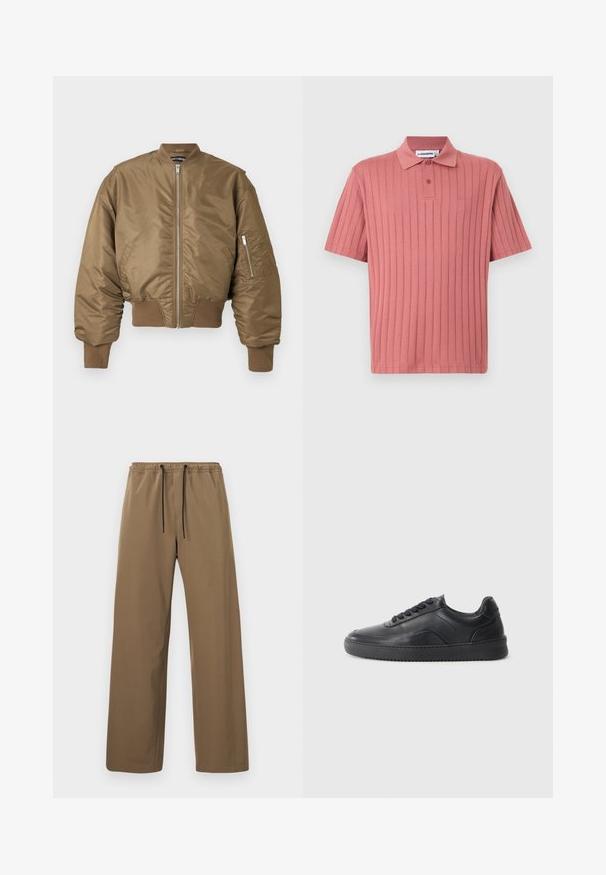 Blouson aviateur marron avec fermeture éclair frontale, poignets et ourlet côtelés, et poche zippée sur la manche gauche sur un fond uni.; Polo à manches courtes rose poussiéreux avec texture côtelée verticale et patte à deux boutons, présenté sur un fond clair uni.; Pantalon marron à coupe droite avec taille élastique et cordons noirs, présenté sur un fond clair uni.; Chaussure de sport en cuir noir avec une finition lisse, bout arrondi, panneau latéral texturé et lacets noirs. Présente une semelle en caoutchouc plate et un design minimaliste.