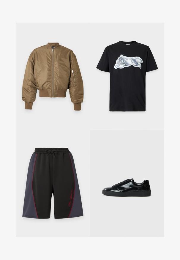 Blouson aviateur marron avec fermeture éclair frontale, poignets et ourlet côtelés, et poche zippée sur la manche gauche sur un fond uni.; T-shirt noir à manches courtes avec un graphisme métallique argenté brillant représentant un animal courant sur la poitrine.; Shorts de sport noirs et gris foncé avec un liseré rouge, taille élastique avec cordon de serrage, poches latérales, et texte en écriture cursive rouge sur la jambe droite.; Baskets en cuir verni noir avec un bout arrondi, un laçage, une semelle en caoutchouc texturé et une finition lisse.