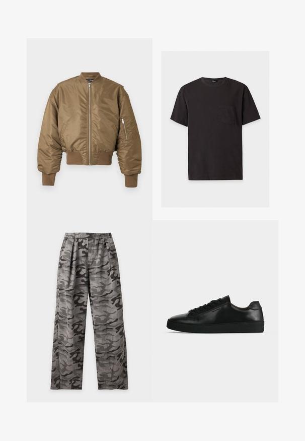 Blouson aviateur marron avec fermeture éclair frontale, poignets et ourlet côtelés, et poche zippée sur la manche gauche sur un fond uni.; T-shirt noir manches courtes col rond avec une petite poche poitrine à gauche, présenté sur un fond gris clair.; Pantalon à motif camouflage gris et noir avec taille élastique et jambes droites, présenté sur fond blanc uni.; Basket basse en cuir noir avec lacets noirs et semelle épaisse noire, vue de profil sur fond gris clair.