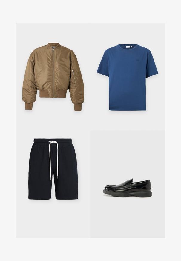Braune Bomberjacke mit frontalem Reißverschluss, gerippten Bündchen und Saum sowie einer Reißverschlusstasche am linken Ärmel vor einfarbigem Hintergrund.; Schlichtes blaues T-Shirt mit kurzen Ärmeln und Rundhalsausschnitt, mit kleinem, tonalem Logo auf der linken Brust, vor weißem Hintergrund dargestellt.; Schwarze, strukturierte Shorts mit elastischem Bund und langen weißen Kordeln, mit Seitentaschen und nahtlosen Designdetails.; Schwarze Lederloafer mit glanzendem Finish, abgerundetem Zehenbereich, subtilen Steppnähten und einer dicken Gummisohle für Langlebigkeit.