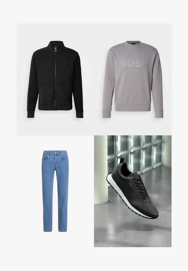 Chaqueta bomber negra que presenta un torso acolchado, mangas sólidas, puños acanalados y un cierre frontal de cremallera. El material combina fibras sintéticas y algodón.; Sudadera gris con cuello redondo, mangas largas y logo "BOSS" en relieve en el pecho; hecha de tela suave con puños y dobladillo acanalados.; Jeans de mezclilla azul claro con un diseño de pierna recta, cinco bolsillos y cierre de botón. La tela tiene un acabado texturizado con un ligero desvanecimiento.; Zapatilla de cuero negra con suela blanca y cordones negros, con el logo rojo "HUGO" en el lateral, flotando sobre un suelo gris pulido.