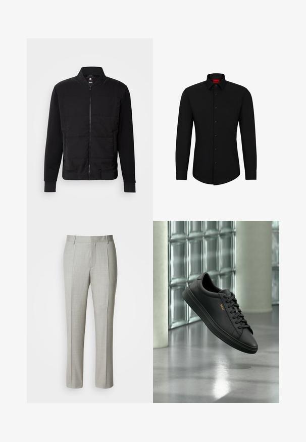 Schwarze Bomberjacke mit gepolstertem Oberkörper, festen Ärmeln, gerippten Bündchen und einem Frontreißverschluss. Material aus einer Mischung von synthetischen Stoffen und Baumwolle.; Schwarzes Langarmhemd mit Knopfleiste, klassischem Kragen und abgerundetem Saum; verfügt über schwarze Knöpfe und ein rotes Logo im Kragen.; Hellgraue, maßgeschneiderte Hose aus glattem Stoff mit geradem Schnitt, vorderen Abnähern und klassischem Bund mit Gürtelschlaufen.; Schwarzer flacher Ledersneaker mit schwarzen Schnürsenkeln und goldenem BOSS-Logo an der Seite, schwebend über einem glänzenden grauen Boden in einem modernen Innenraum.