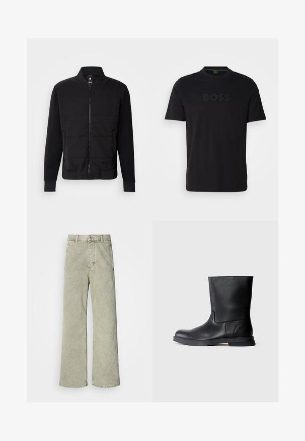 Sort bomberjakke med polstret torso, ensfarvede ærmer, ribbede manchetter og lynlås foran. Materialet er en blanding af syntetiske fibre og bomuld.; Sort kortærmet t-shirt med rund hals og en ton-i-ton "BOSS"-logo på fronten. Fremstillet af glat, blødt stof.; Lys grøn brede jeans med høj talje, lavet af denim, med knaplukning og klassisk fem-lommer design.; Sorte læder ankelstøvler med tekstureret overflade, rund tå og lav gummisål. Enkel design uden synlig hardware eller udsmykninger.