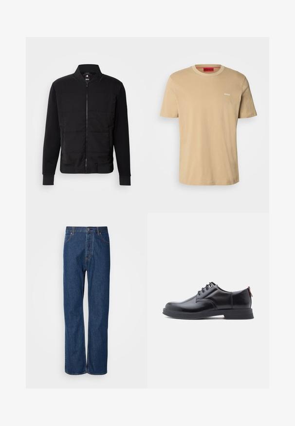 Schwarze Bomberjacke mit gepolstertem Oberkörper, festen Ärmeln, gerippten Bündchen und einem Frontreißverschluss. Material aus einer Mischung von synthetischen Stoffen und Baumwolle.; Beige Baumwoll-T-Shirt mit Rundhalsausschnitt, kurzen Ärmeln und einem kleinen weißen "HUGO"-Logo auf der Brust. Glatte Textur ohne Muster.; Blaue Jeans aus Denim mit geradem Bein, ausgestattet mit einem Knopfverschluss, fünf Taschen und kontrastierenden Nähten entlang der Säume.; Schwarze Leder-Schnürschuhe mit glatter Textur, rundem Zehenbereich und dezenten Ziernähten. Mit einem roten Laschenband an der Ferse.