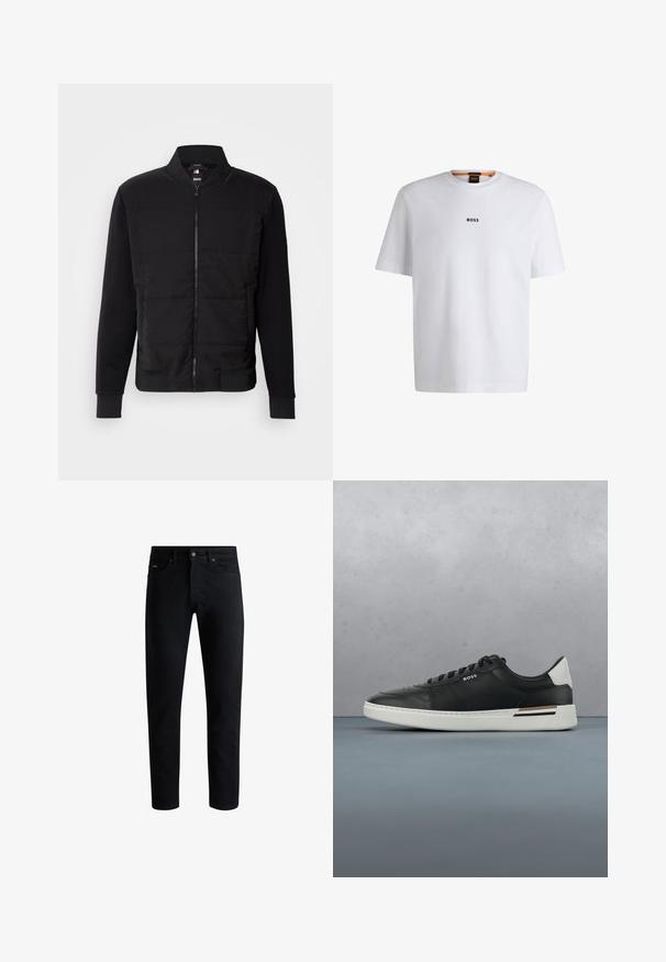 Sort bomberjakke med polstret torso, ensfarvede ærmer, ribbede manchetter og lynlås foran. Materialet er en blanding af syntetiske fibre og bomuld.; Hvid bomuld T-shirt med korte ærmer, med et sort "BOSS" logo centreret på brystet og en rund halsudskæring.; Sorte slim-fit jeans med fem lommer, knaplukning og bæltestropper, præsenteret mod en hvid baggrund.; Sort lædersneaker med hvid sål, har perforeringer, snørebåndsdesign, logo på siden og kontrasterende hældetalje i hvid og brun.