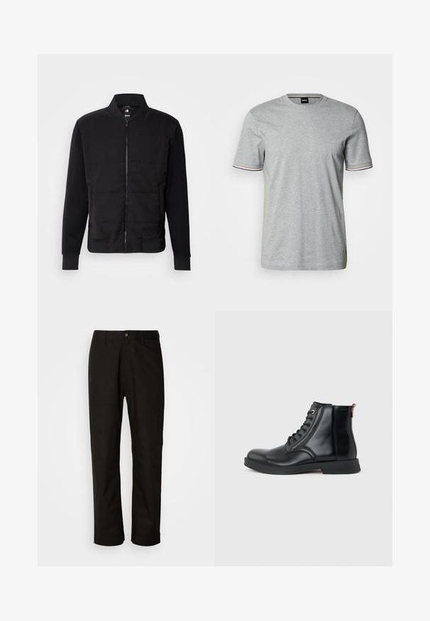 Schwarze Bomberjacke mit gepolstertem Oberkörper, festen Ärmeln, gerippten Bündchen und einem Frontreißverschluss. Material aus einer Mischung von synthetischen Stoffen und Baumwolle.; Hellgraues kurzärmeliges T-Shirt aus Baumwolle. Verfügt über einen Rundhalsausschnitt und kontrastierende Besätze in Orange und Marineblau an den Ärmeln.; Schwarze Baumwollhosen mit geradem Schnitt, Gürtelschlaufen, einem Reißverschluss vorne und einem einzelnen Knopfverschluss. Glatte Textur ohne sichtbare Muster.; Schwarzer Leder-Stiefel bis zum Knöchel mit Schnürung vorne, rundem Zeh, flacher Sohle und Zuglasche hinten vor schlichtem hellgrauem Hintergrund.
