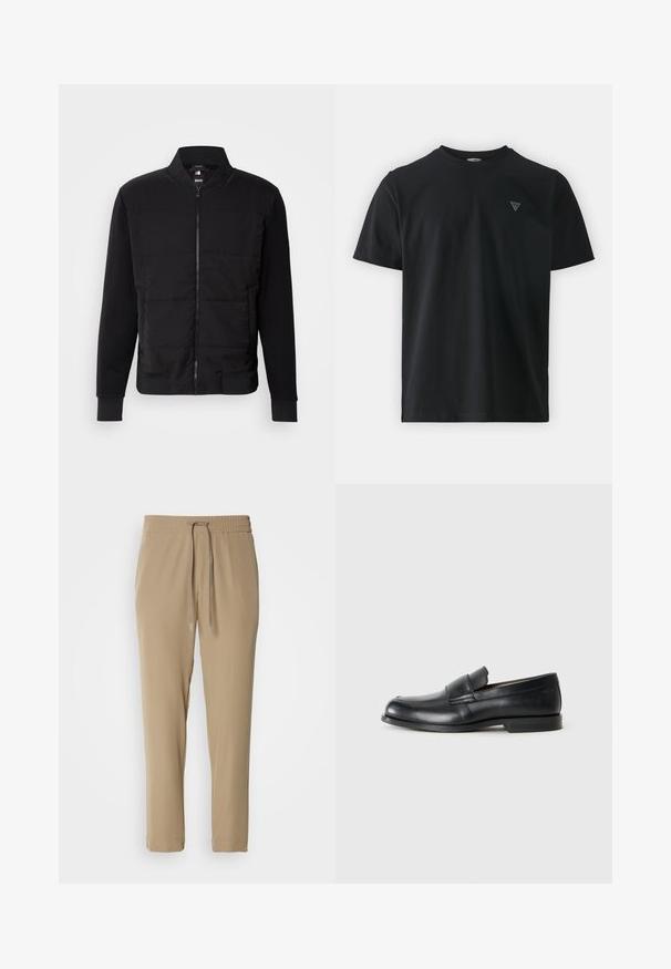 Schwarze Bomberjacke mit gepolstertem Oberkörper, festen Ärmeln, gerippten Bündchen und einem Frontreißverschluss. Material aus einer Mischung von synthetischen Stoffen und Baumwolle.; Schwarzes kurzärmliges T-Shirt aus Baumwolle mit Rundhals. Verfügt über ein kleines dreieckiges Logo in der oberen linken Ecke. Glatte Textur.; Beige Jogginghosen mit einem elastischen Bund und Kordelzug. Sie haben ein tailliertes Design und bündchenförmige Säume, gefertigt aus leichtem Material.; Schwarze Leder-Loeffler mit abgerundetem Zehenbereich, gesteppten Details und einer flachen Gummisohle. Verfügt über ein breites Band über dem Fußrücken.