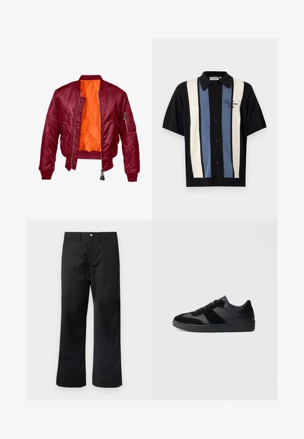Veste bomber bordeaux avec fermeture éclair à l'avant, poignets côtelés et intérieur orange. Dispose d'une poche zippée sur la manche gauche. Texture lisse.; Chemise noire à manches courtes avec boutons, rayures verticales crème et bleues, et broderie "Carhartt WIP" sur la poitrine gauche.; Pantalon noir avec une coupe droite, confectionné dans un tissu lisse. Il comprend des poches latérales et une fermeture par bouton à la taille.; Baskets noires combinant cuir lisse et daim, avec une semelle en caoutchouc noire texturée et un détail de rayures discrètes.