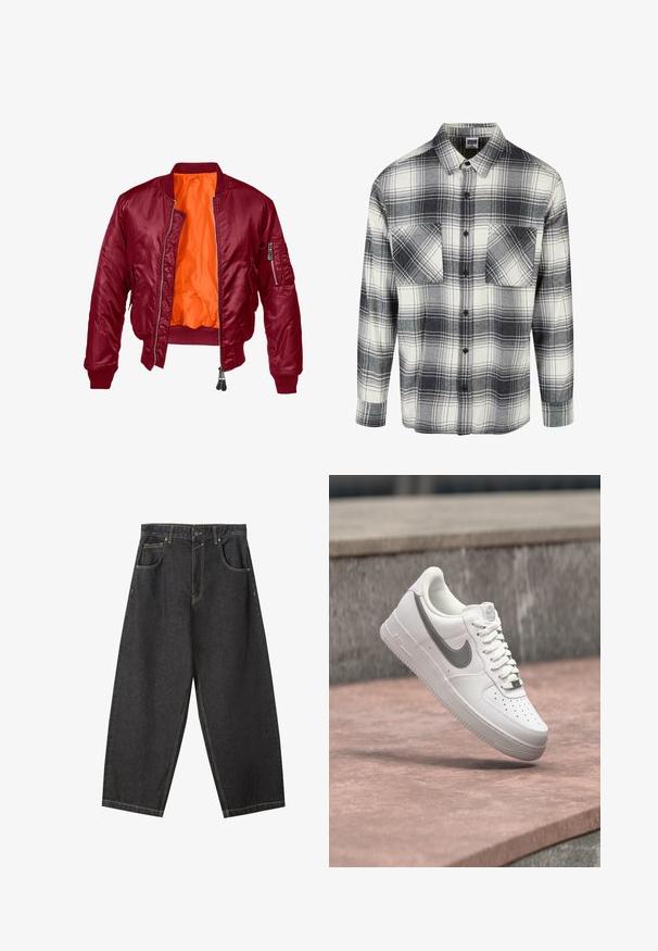 Veste bomber bordeaux avec fermeture éclair à l'avant, poignets côtelés et intérieur orange. Dispose d'une poche zippée sur la manche gauche. Texture lisse.; Chemise en flanelle à carreaux noirs, blancs et gris. Comprend deux poches avant, une fermeture à boutons et des manches longues avec des poignets à boutons.; Pantalons wide-leg en denim noir avec des coutures jaunes, un design à cinq poches et une taille mi-haute. Tissu texturé avec une finition lisse.; Baskets blanches Nike Air Force 1 avec logo swoosh gris flottant au-dessus d'une surface en pierre et un mur en pierre gris en arrière-plan.