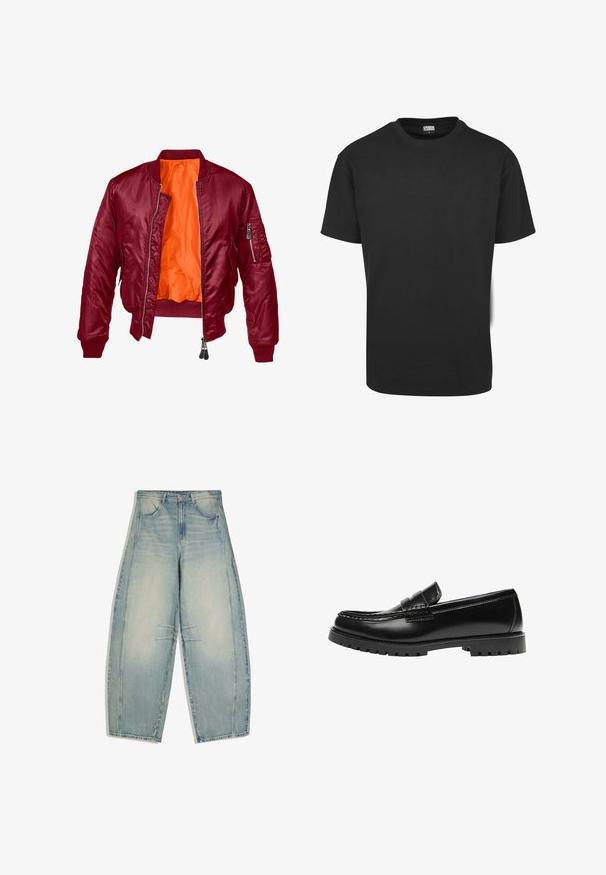 Bordeaux bomberjack met een rits aan de voorkant, geribde manchetten en een oranje binnenvoering. Heeft een ritszak op de linkermouw. Gladde textuur.; Zwart katoenen T-shirt met korte mouwen, ronde halslijn en een standaard pasvorm. De stof lijkt glad en ongekleed.; Lichtblauwe gewassen denim wijde broek met voor- en achterzakken, knoopsluiting en subtiele vervaagde details op dijen en knieën.; Zwarte leren loafer met een dikke rubberen zool en klassieke penny-strap details, gezien vanaf de buitenkant.