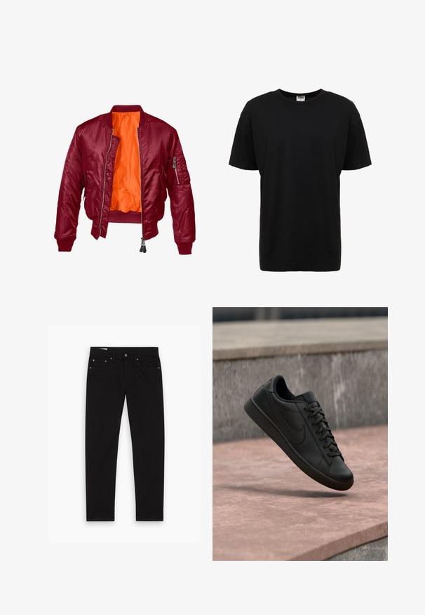 Bordeaux bomberjack met een rits aan de voorkant, geribde manchetten en een oranje binnenvoering. Heeft een ritszak op de linkermouw. Gladde textuur.; Zwart katoenen T-shirt met ronde hals, korte mouwen, standaard pasvorm, soepele textuur en geen zichtbare patronen of accenten.; Zwarte rechttoe rechtaan jeans met voor- en achterzakken, riemlussen en een knoop- en ritssluiting, plat gelegd op een witte achtergrond.; Zwarte leren sneaker met veters en Nike-logo, zwevend boven een roze betonnen ondergrond en een grijze stenen richel in een buitenomgeving.