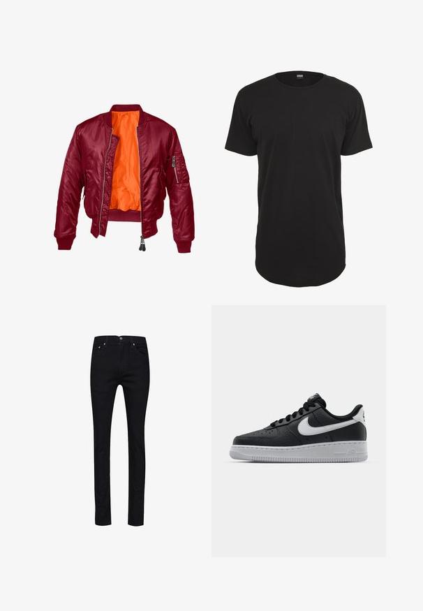Bordeaux bomberjack met een rits aan de voorkant, geribde manchetten en een oranje binnenvoering. Heeft een ritszak op de linkermouw. Gladde textuur.; Zwart T-shirt met korte mouwen, gemaakt van katoen. Heeft een ronde hals en een rechte snit met een iets langere achterkant. Zachte textuur.; Zwarte jeans van denim, met een rechte pasvorm, vijf zakken, knopen van metaal en een enkele achterzak met stiksel detail.; Zwarte lederen sneaker met een textuur oppervlak, witte Nike swoosh, grijze zool, ronde neus en vetersluiting. Bevat perforaties op de neus.