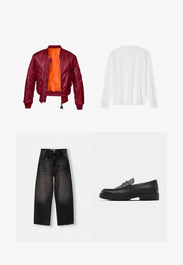 Burgundy bomber jacket with a zip front, ribbed cuffs, and an orange interior. Features a zip pocket on the left sleeve. Smooth texture.; White long-sleeve cotton t-shirt with a crew neck, featuring ribbed cuffs and a straight hem, smooth texture, and minimalistic design.; Black denim wide-leg jeans with a faded design, featuring five pockets, a button closure, and subtle whiskering details on the front.; Black leather loafers with a rounded toe, featuring a stitched design, low platform sole, and a textured, lugged rubber outsole.