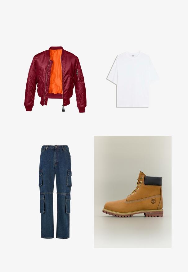 Bordeaux bomberjack met een rits aan de voorkant, geribde manchetten en een oranje binnenvoering. Heeft een ritszak op de linkermouw. Gladde textuur.; Wit oversized katoenen T-shirt met een ronde hals en korte mouwen; gladde textuur, zonder zichtbare patronen of accenten.; Donkerblauwe denim cargobroek met meerdere zijzakken, rechte pijpdesign en contrasterende stiksels. Duurzame stof met een klassieke snit.; Bruine leren enkellaars met zwarte kraag, gele veters en een zandkleurige zool. Voorzien van een logo en witte stikseldetails. Robuuste loopzool met grip.