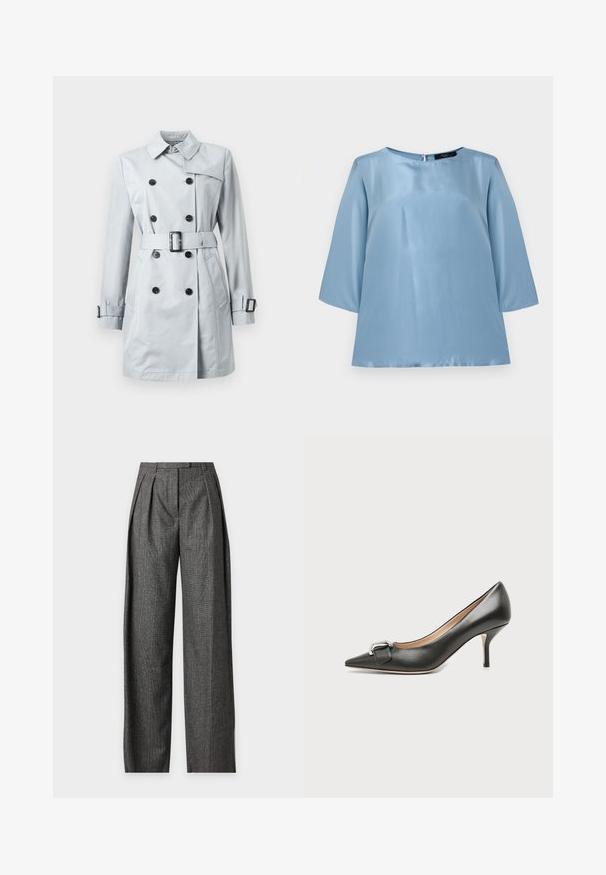 Trench-coat gris clair à double boutonnage avec boutons noirs, taille ceinturée, sangles à boucle sur les poignets et col classique sur fond blanc.; Blouse en satin bleu clair à manches trois-quarts et col rond, avec fermeture éclair au dos.; Pantalon gris taille haute à jambes larges avec un motif à carreaux subtil et des plis à l'avant, présenté sur un fond clair uni.; Chaussure à talon haut en cuir noir à bout pointu avec talon aiguille de hauteur moyenne et détail de boucle argentée à l’avant, présentée sur fond clair uni.