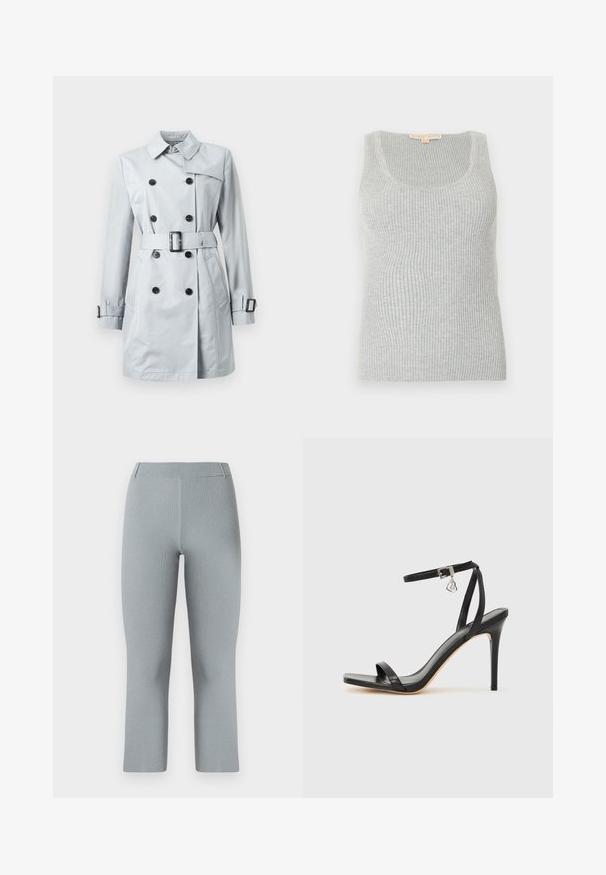 Trench-coat gris clair à double boutonnage avec boutons noirs, taille ceinturée, sangles à boucle sur les poignets et col classique sur fond blanc.; Débardeur côtelé gris avec un col en U, fabriqué à partir d'un tissu tricoté texturé. Présente une silhouette ajustée et des détails de couture minimalistes.; Pantalon côtelé gris avec une coupe ajustée, doté d'une taille mi-haute et d'une coupe droite se terminant à la cheville.; Sandale à talon haut noire avec une bride étroite à la cheville, bout carré, cuir lisse et accent de boucle métallique.
