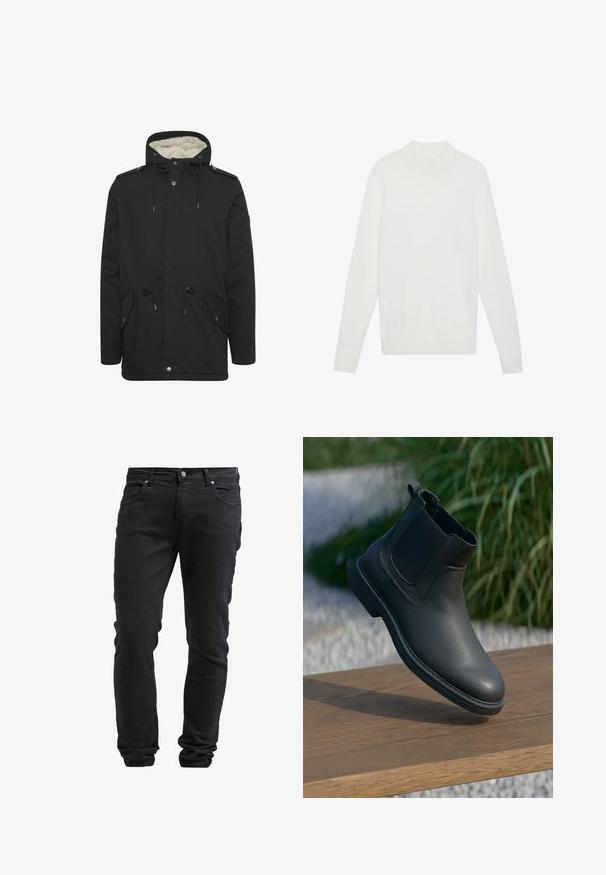 Parka noire avec une doublure intérieure en peluche, capuche avec cordon de serrage réglable, deux poches avant et fermeture à boutons-pression.; Pull-over blanc avec un col montant, des manches longues et des poignets et un ourlet côtelés. Fabriqué en tissu tricoté doux. Design simple et ajusté.; Jeans noirs ajustés avec fermeture à bouton et à glissière, cinq poches et poignets élastiques aux chevilles.; Bottine en cuir noir avec des panneaux latéraux élastiques, des accents texturés et une semelle en caoutchouc ; l'affichage comprend une surface en bois et de la verdure.