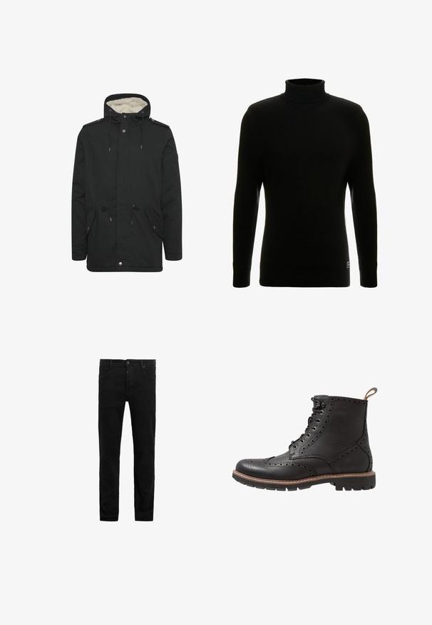 Sort parka-jakke med en blød indvendig foring, justerbar snoretræk til hætten, to frontlommer og knaplukning.; Sort turtleneck sweater med lange ærmer, ribbet tekstur, tætsiddende silhuet og lille mærke nederst til venstre.; Sorte denim jeans med slim fit, fem-lomme design, lynlås og knaplukning. Glat tekstur med en ensfarvet overflade og minimalt detaljearbejde.; Sorte læder ankelstøvler med brogue-detaljer, snørebånd foran og gummisål med tekstureret sål. Brune stikninger fremhæver kanten.